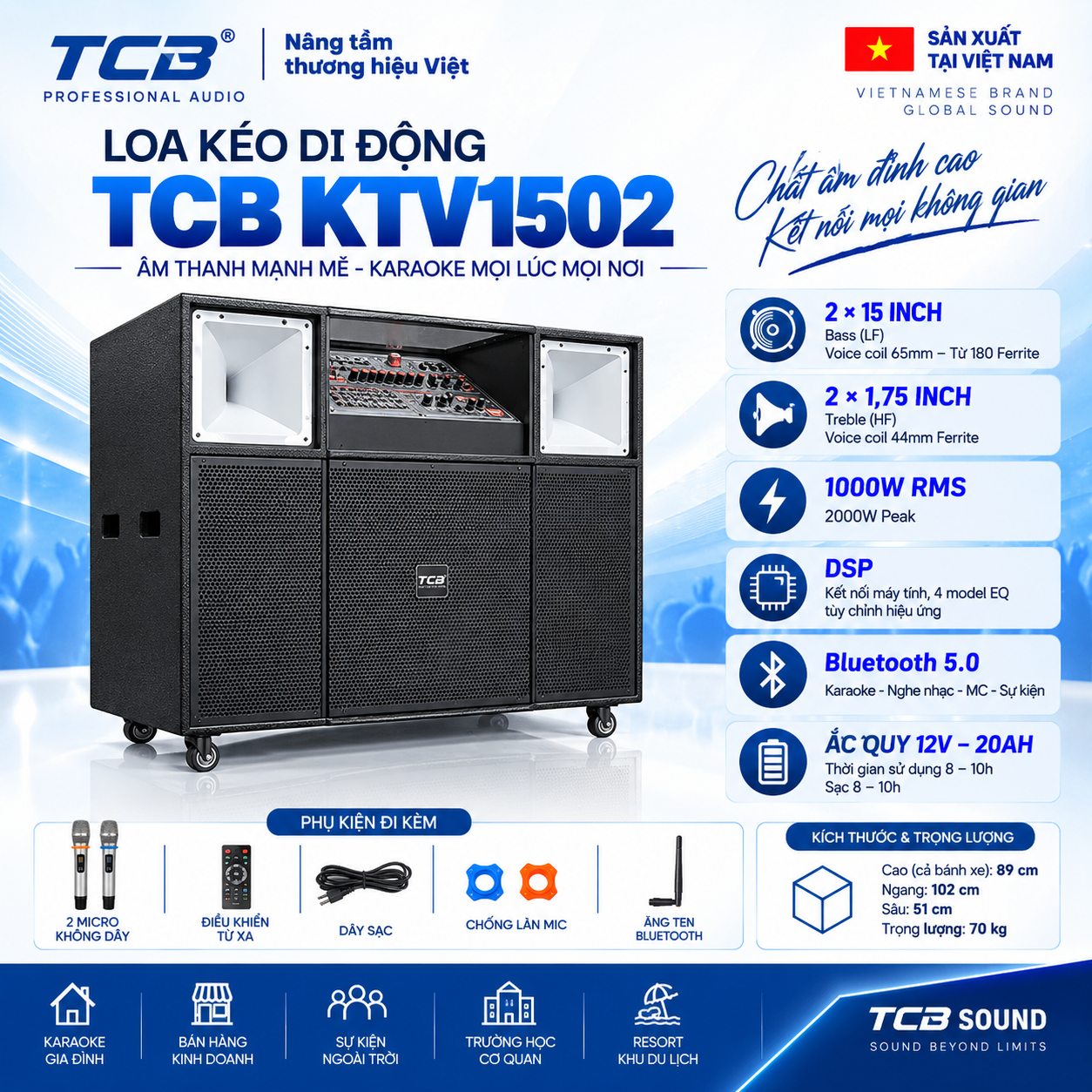 Loa kéo TCB KTV1502 2 bass 15 inch công suất 1000W RMS