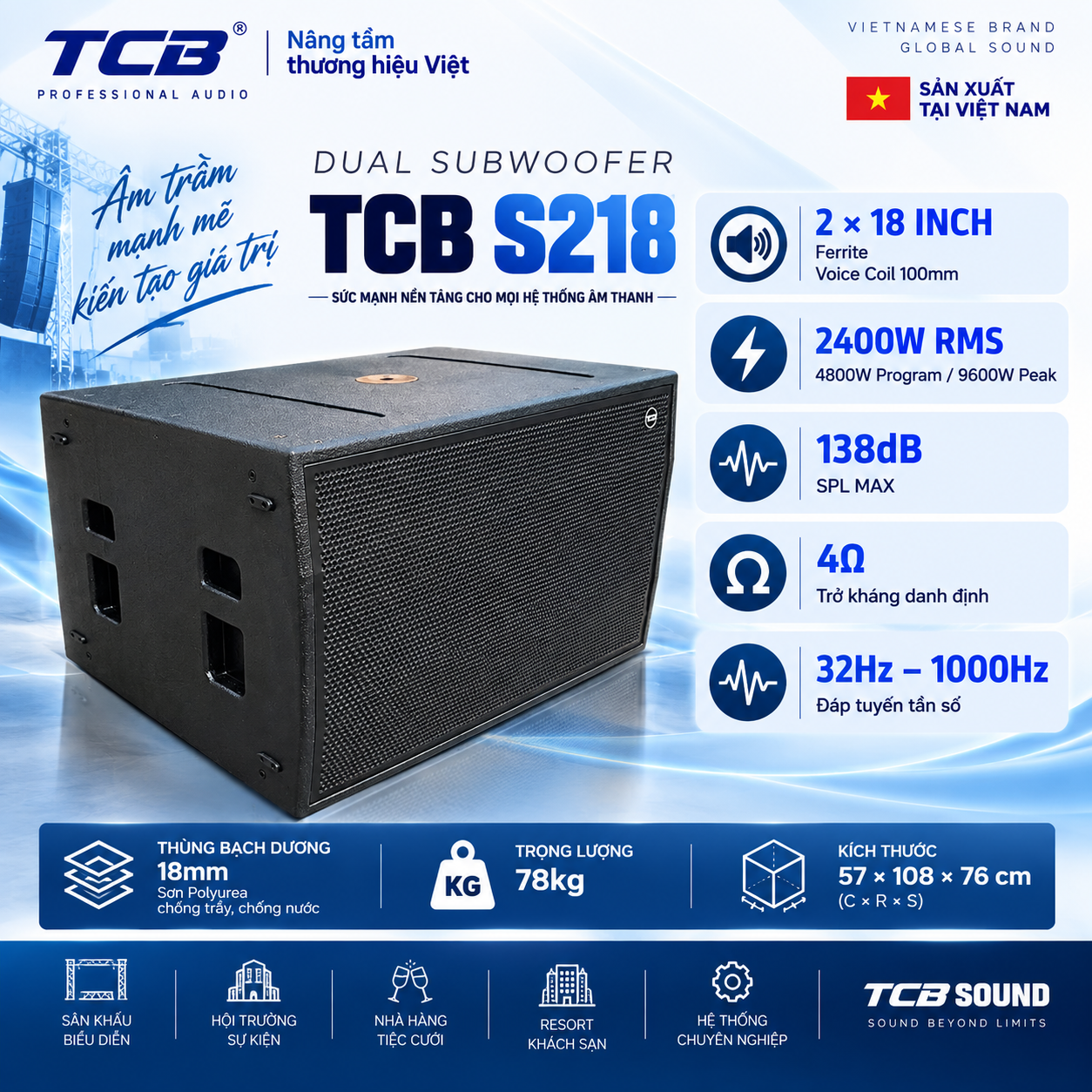 Loa Sub TCB S218 Dual Subwoofer 2 bass 18 inch 2400W RMS