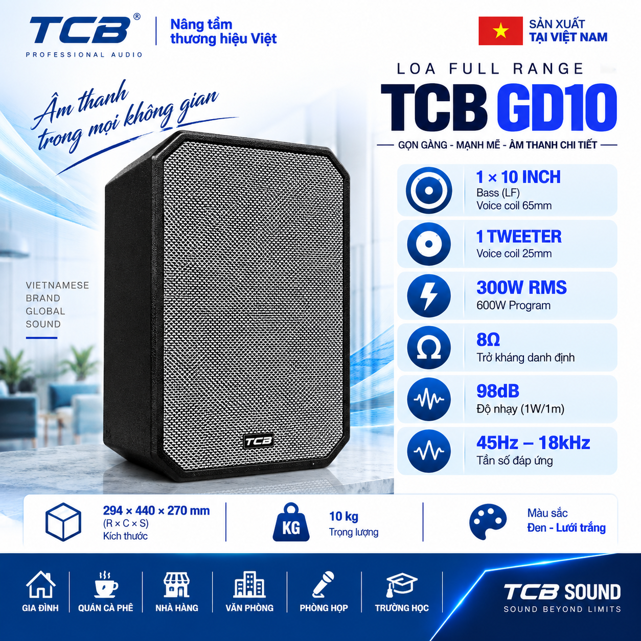 Loa TCB GD10 Full Range bass 10 inch 300W RMS góc phủ 90 x 20 độ