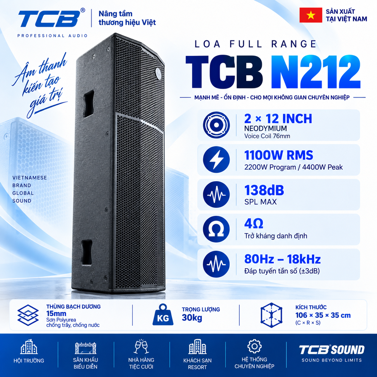 Loa TCB N212 Full Range 2 bass 12 inch Neodymium 1100W RMS