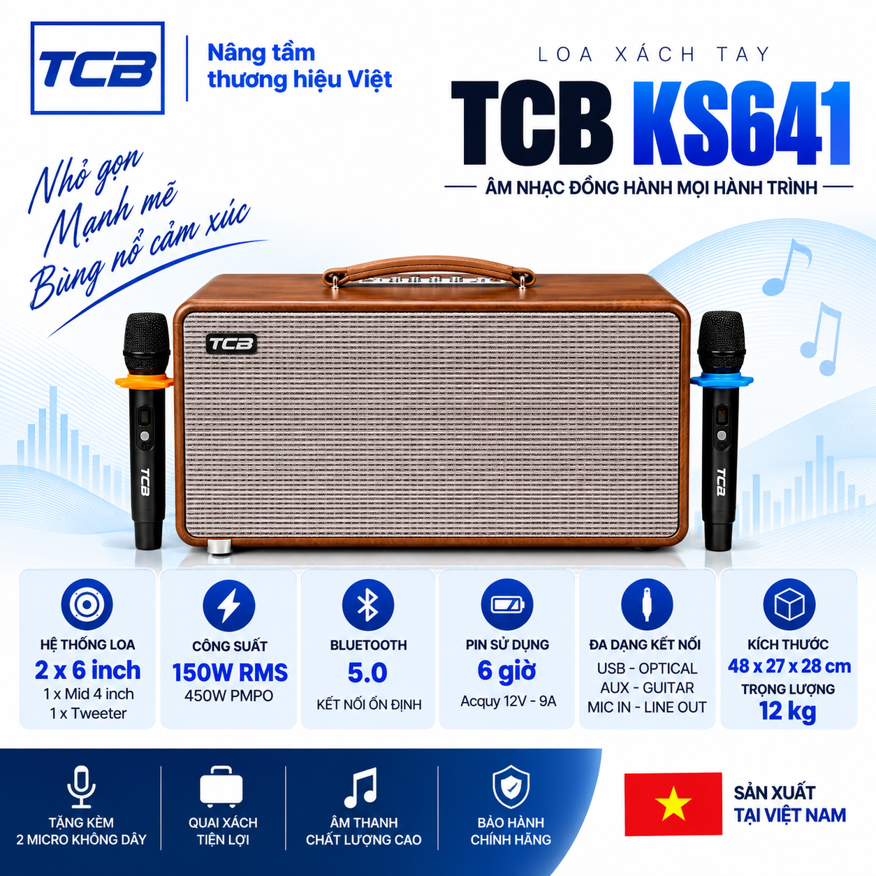 Loa xách tay TCB KS641 2 bass 6 inch 150W RMS 2 micro không dây